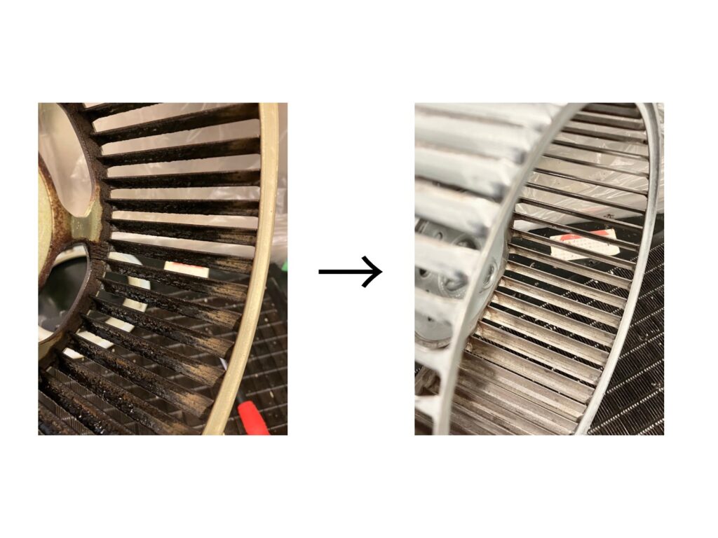 換気扇のシロッコファンの油汚れと洗浄後のきれいになった様子