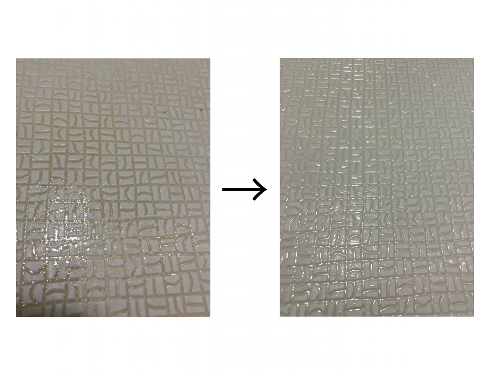 お風呂場のなかなか落とすことのできない床の黒ずみと白くなった床の比較