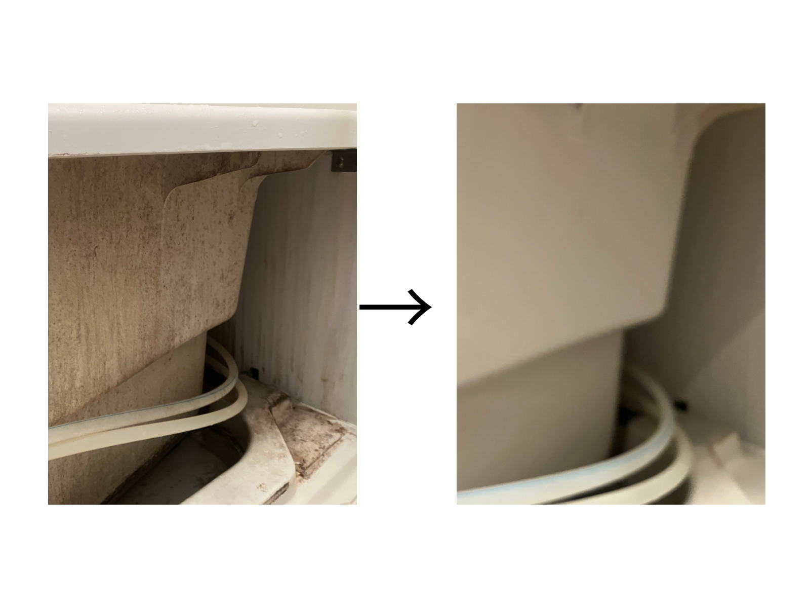 浴室エプロン内のカビ汚れと洗浄後のビフォーアフター
