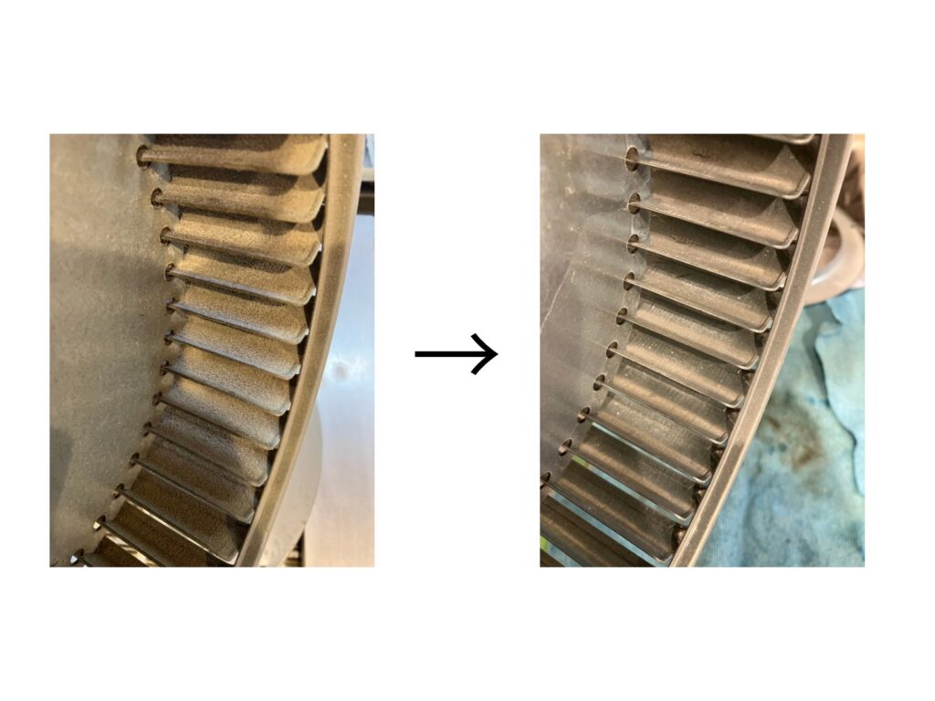 シロッコファンの内側についた油汚れ。固まって大変ですよね。