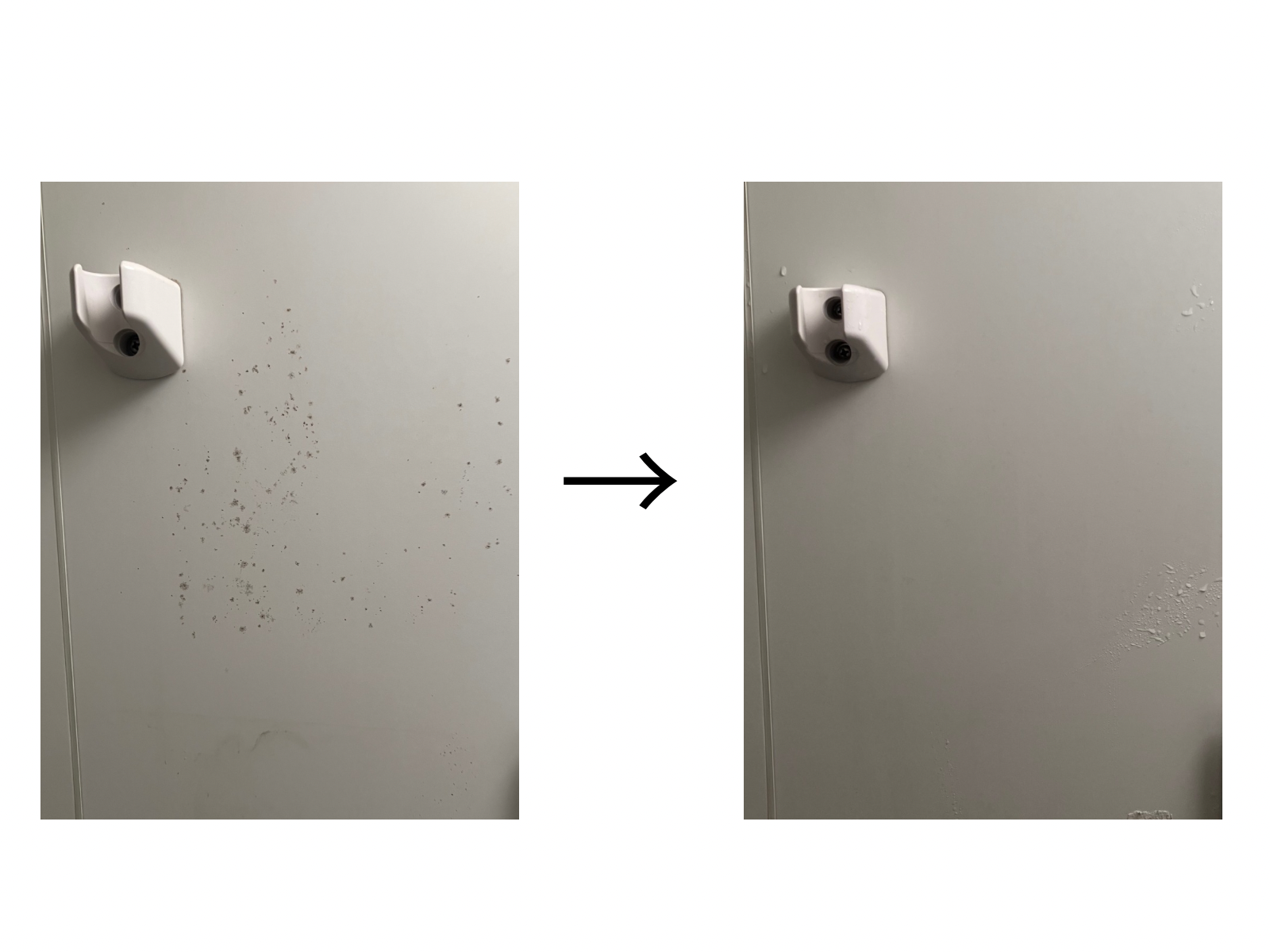 お風呂場壁面のカビ汚れと洗浄後のビフォーアフター