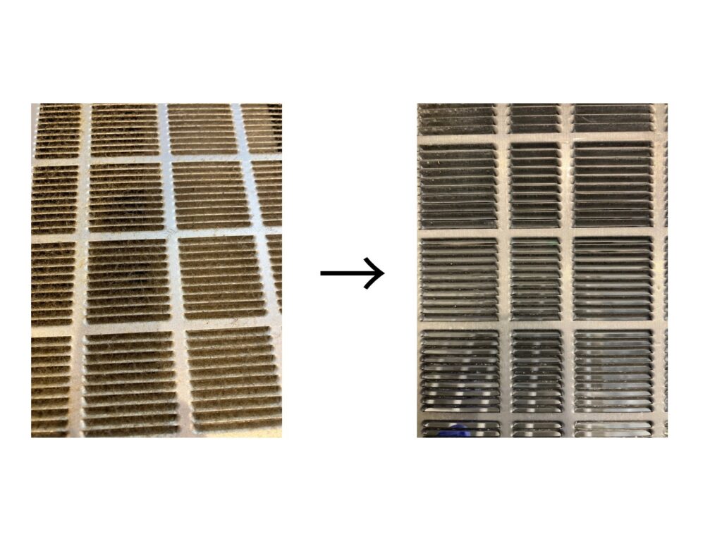 フィルターの油汚れと洗浄後のビフォーアフター。隙間に入った油汚れまでしっかり摘出しました