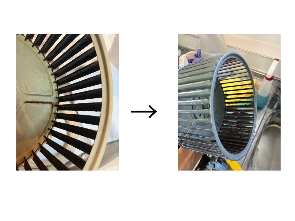 油で真っ黒になったレンジフードのシロッコファンを分解洗浄し、羽根までスッキリきれいになったビフォーアフター写真