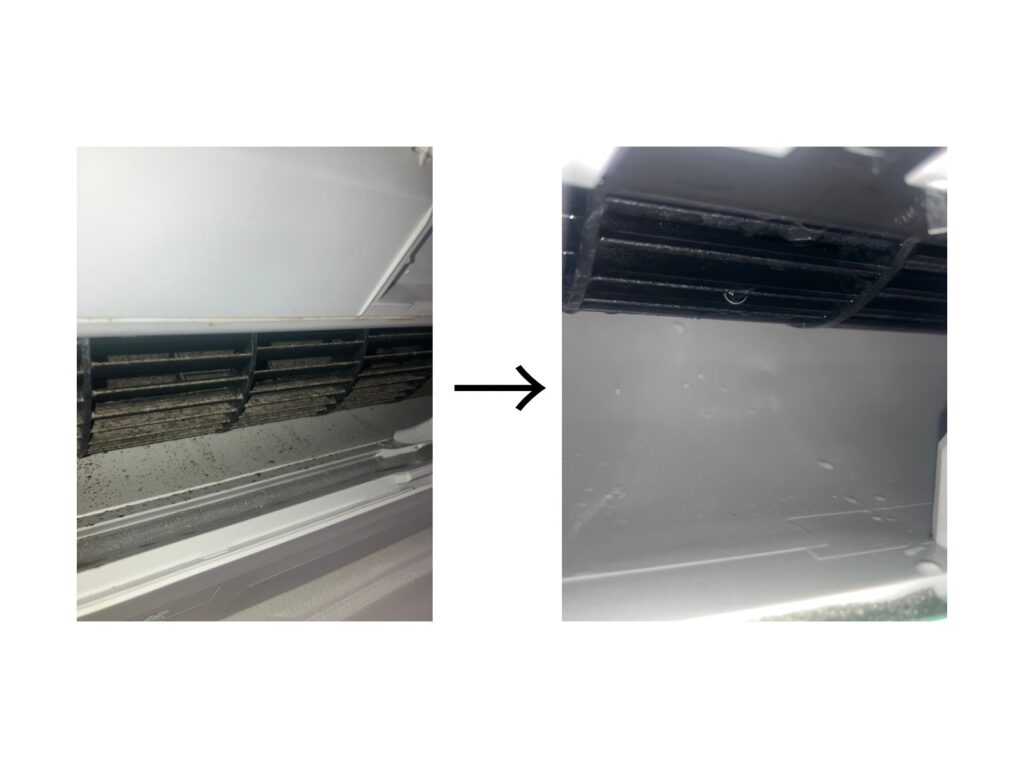 ダイキンノーマルエアコンの吹き出し部分のビフォーアフター。洗浄前は埃、カビ汚れが目立ちました。