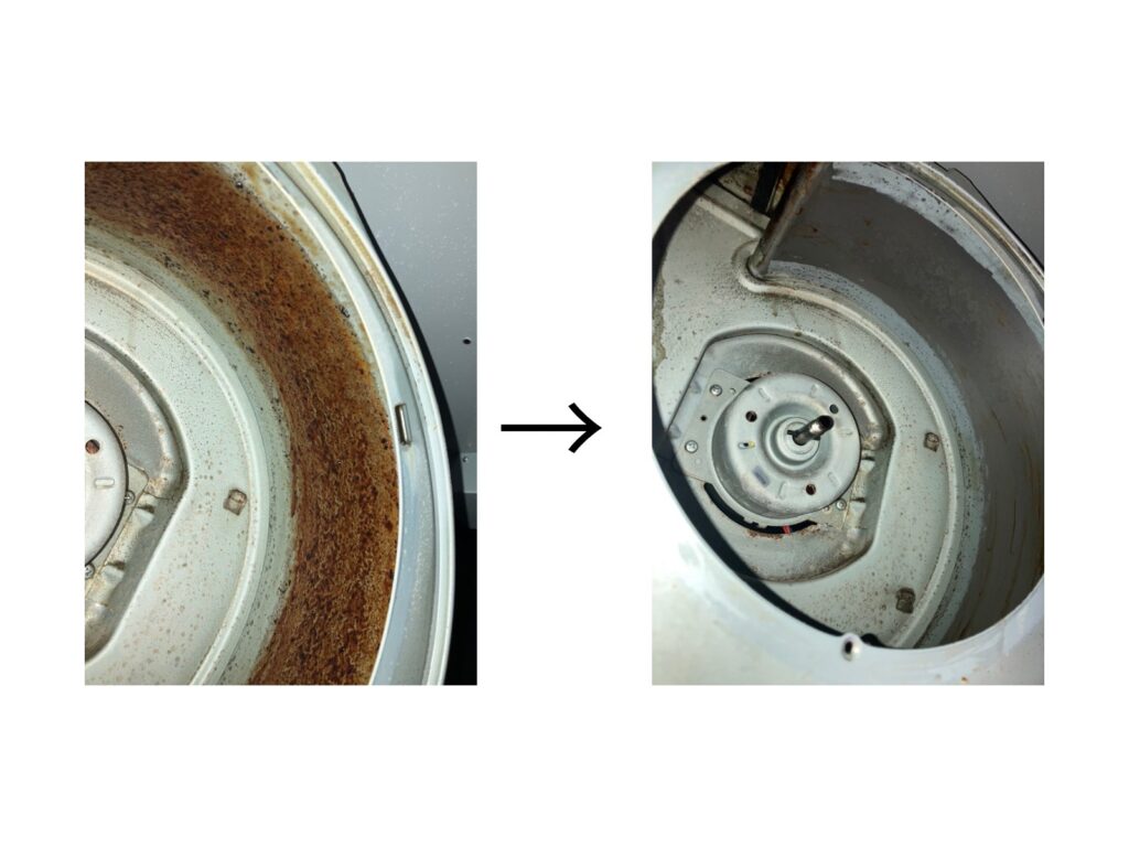 厚く油がこびりついた換気扇本体内部をクリーニングし、金属面が見える状態まで汚れを落としたビフォーアフター写真