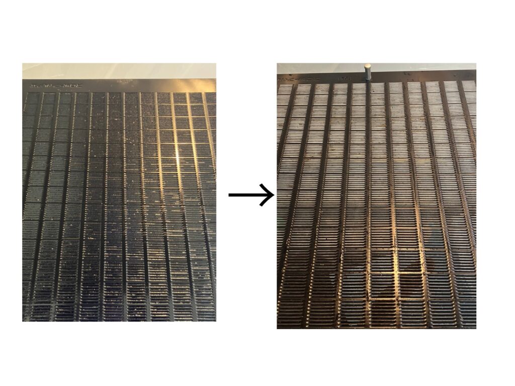 油で目詰まりしたレンジフードフィルターを洗浄し、通気性が戻った金属フィルターのビフォーアフター写真