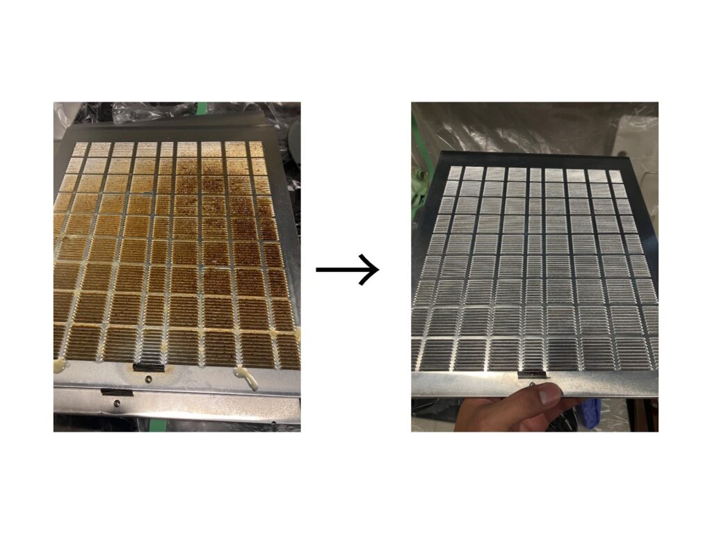 杉並区で実施したレンジフード洗浄|茶色く油汚れが固着したフィルターが、洗浄後に目詰まりがなくなり銀色に戻ったビフォーアフター写真。