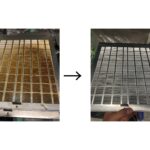 杉並区で実施したレンジフード洗浄｜茶色く油汚れが固着したフィルターが、洗浄後に目詰まりがなくなり銀色に戻ったビフォーアフター写真。