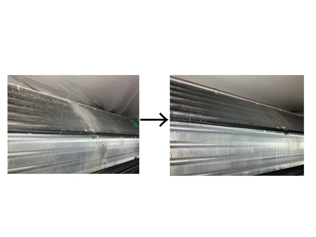 ホコリと汚れが付着したエアコンのアルミフィンを高圧洗浄し、銀色の輝きが戻ったビフォーアフター写真