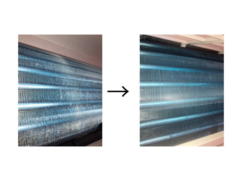東芝エアコンのアルミフィン内部に蓄積したカビとホコリの洗浄ビフォーアフター