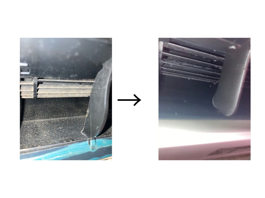 エアコン吹き出し口に付着した黒カビと汚れのビフォーアフター