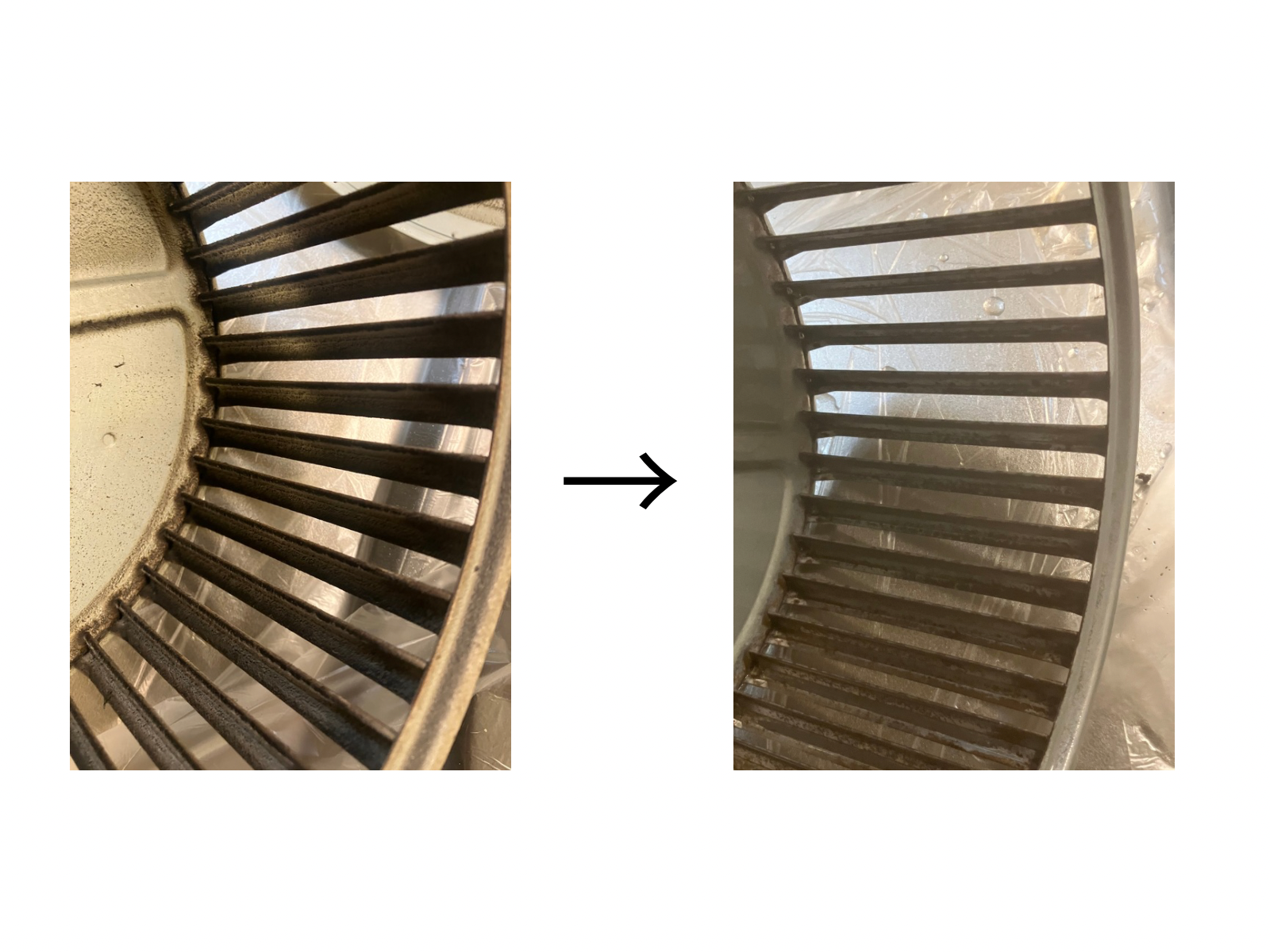 換気扇のシロッコファンについた油汚れと洗浄後のビフォーアフター