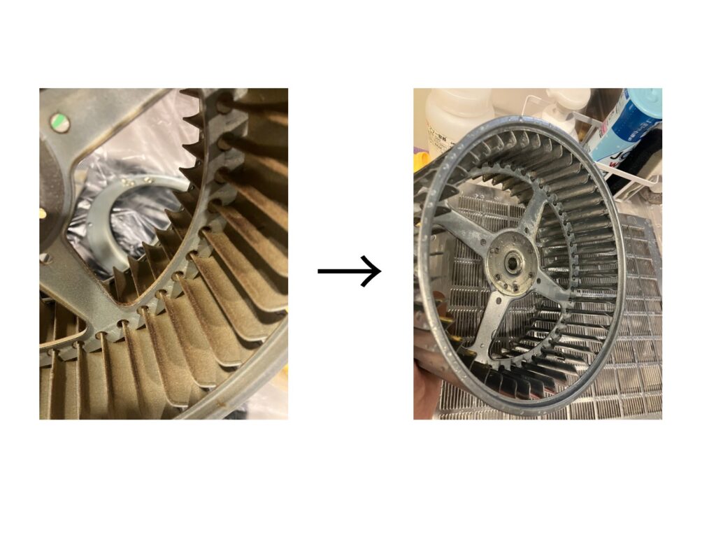 油とホコリが付着したシロッコファンが、分解洗浄によって金属の光沢まで復活したビフォーアフター写真。