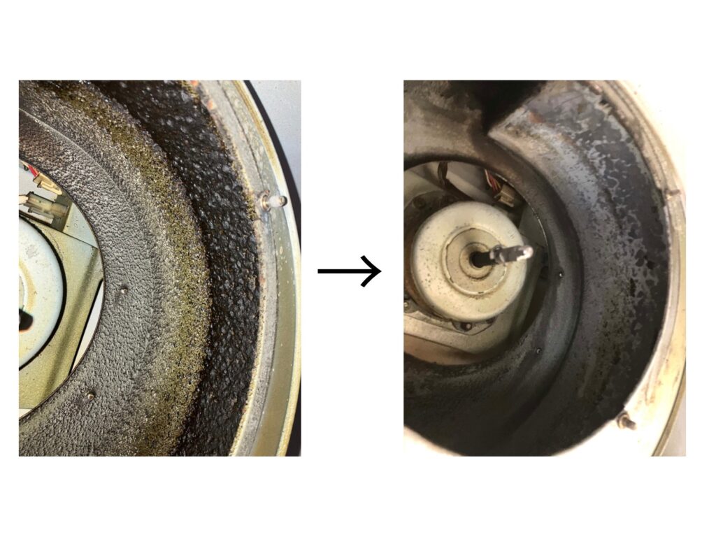 換気扇内部に固着した油汚れ。洗剤と専用の道具できれいにしました。