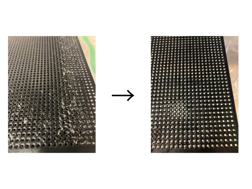 換気扇のフィルターに目詰まりした油汚れと洗浄後のビフォーアフター