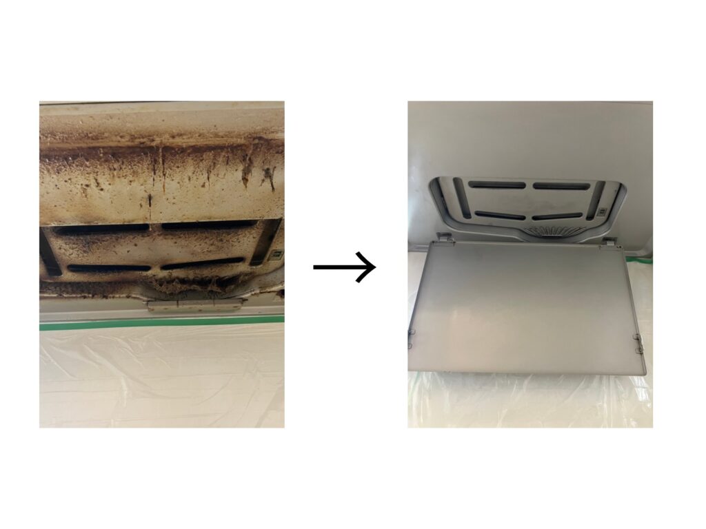 中野区での換気扇クリーニング｜油汚れで黒く固着した整流板のビフォーアフター写真。分解洗浄で新品同様に復元。