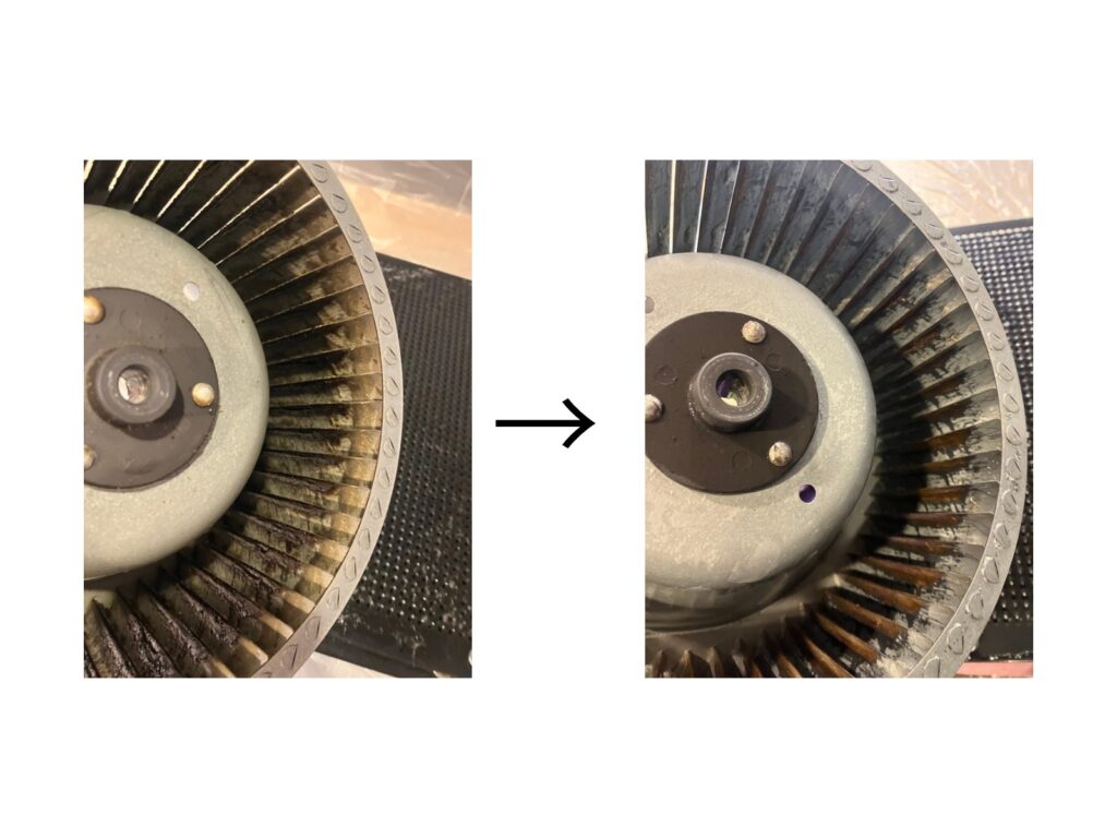 換気扇のシロッコファンについた油汚れと洗浄後のビフォーアフター