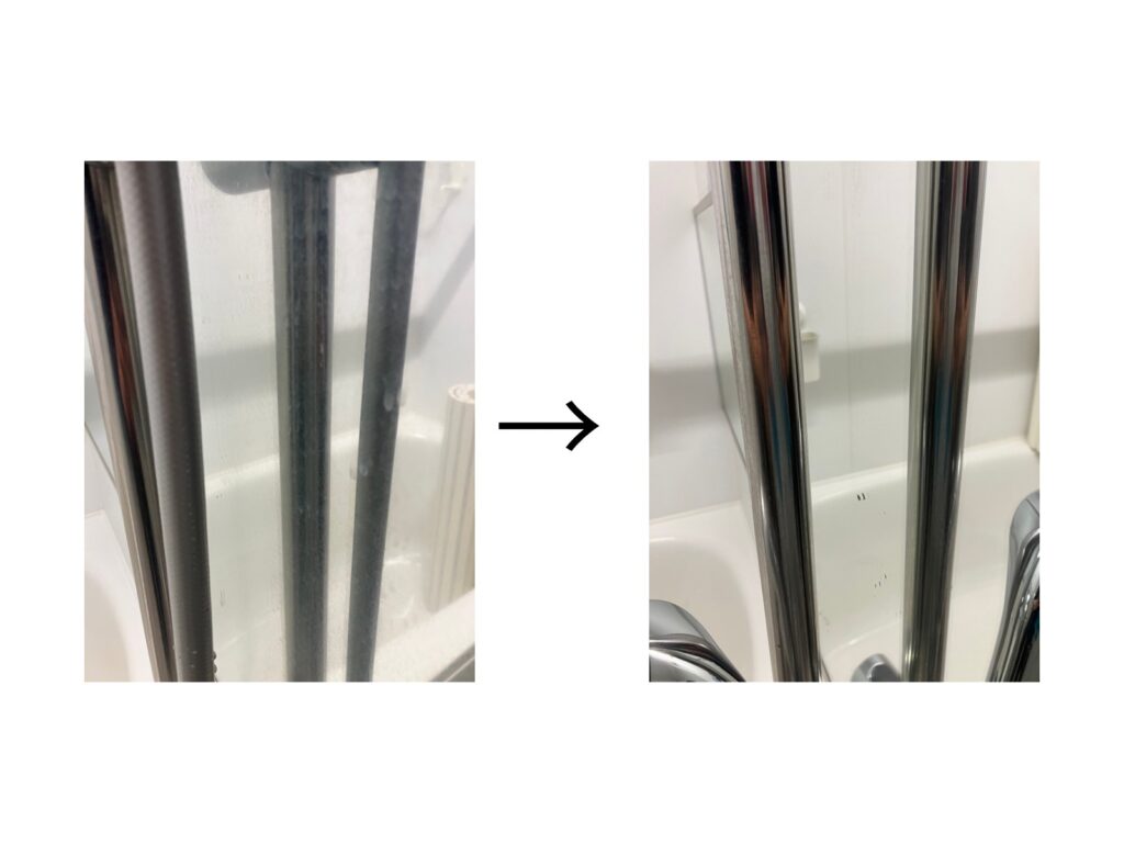 浴室の鏡の水アカウロコ汚れ。
プロの道具、洗剤できれいになりました。