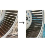 レンジフード内部のシロッコファンに付着した油汚れを分解洗浄し、清掃前後を比較した写真（杉並区・換気扇クリーニング）