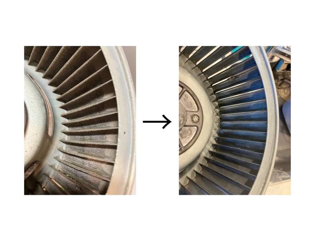 レンジフードシロッコファンのビフォーアフター。洗浄前ファンの羽の裏に油汚れがびっちり。専用洗剤に付け置きできれいになりました。