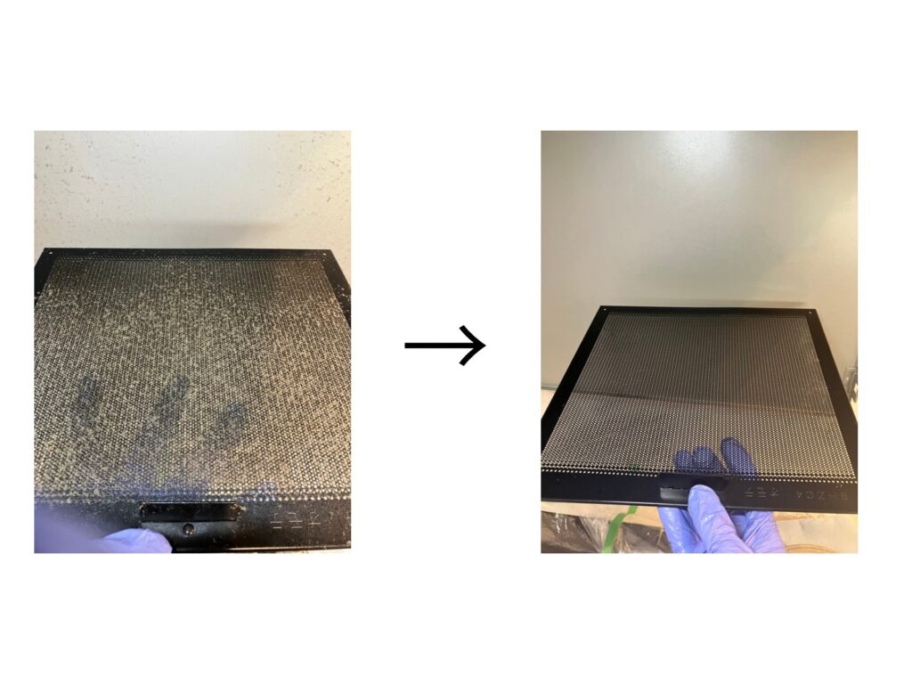 レンジフード換気扇のフィルターに目詰まりした油汚れ。新品同様にきれいになりました。