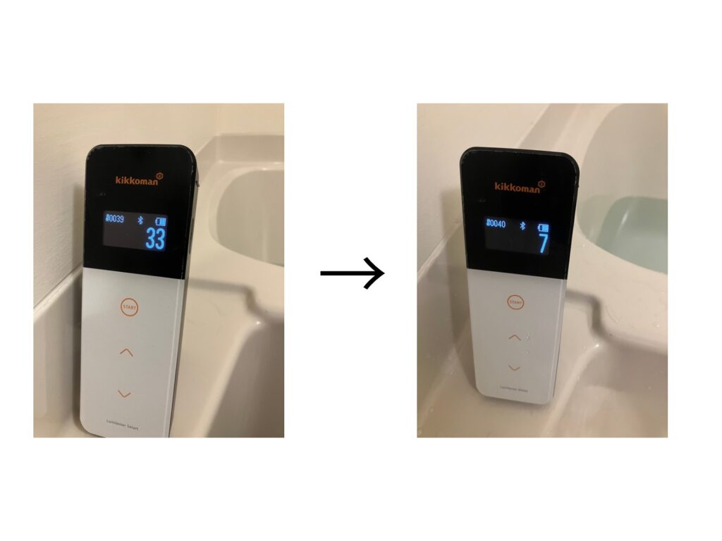 ルミテスターを使い追い炊き配管の汚れを測定します。洗浄後は数値が低くなったことがわかります。