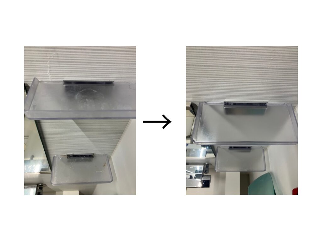 浴室の棚の石鹸カス、水アカ汚れ。
清掃後のビフォーアフター