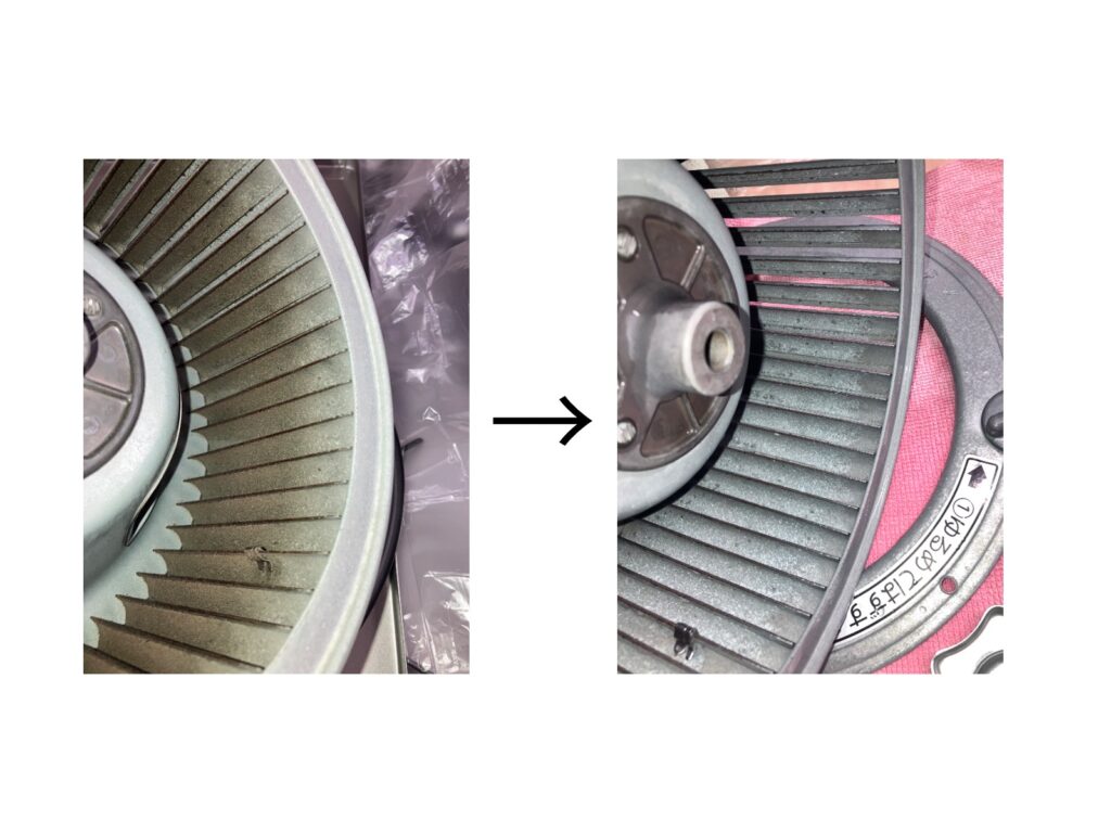 杉並区 換気扇クリーニング 洗浄前後の写真 シロッコファンの油汚れ