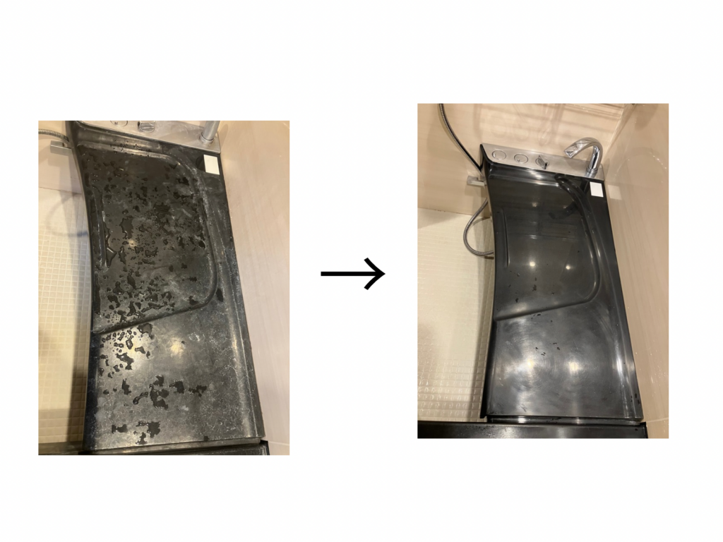 三鷹市の浴室クリーニング施工事例 浴室の台の水垢清掃前後