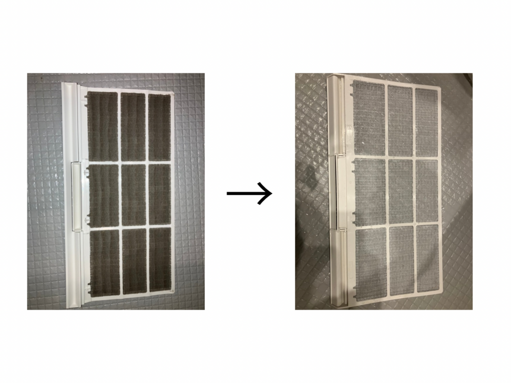 三鷹市の浴室クリーニング施工事例 浴室換気扇フィルター清掃前後